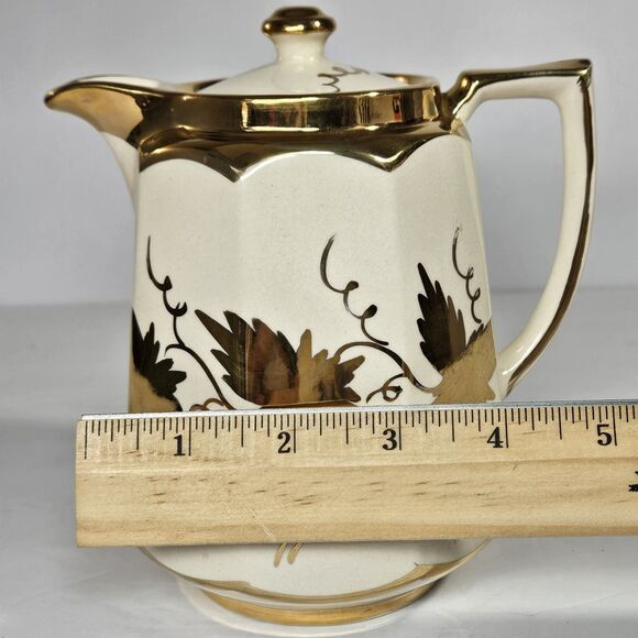 Vtg Price Bros Teapot Gold on  Cream Golden Grape Leaves Autumn Ceramic Lidded - Picture 9 of 13
